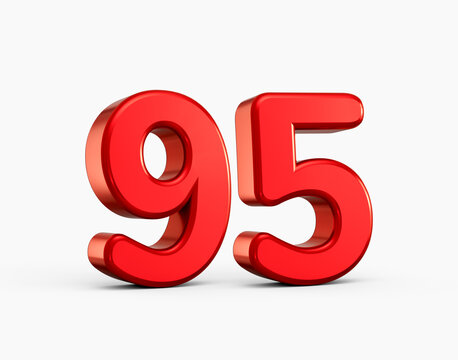Bold shiny red three dimensional number ninety five on white background, 3D illustration.