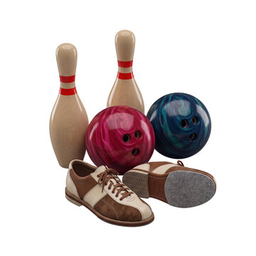 Realistic 3D render of bowling equipment, including pins, balls, and shoes, arranged on a transparent background.