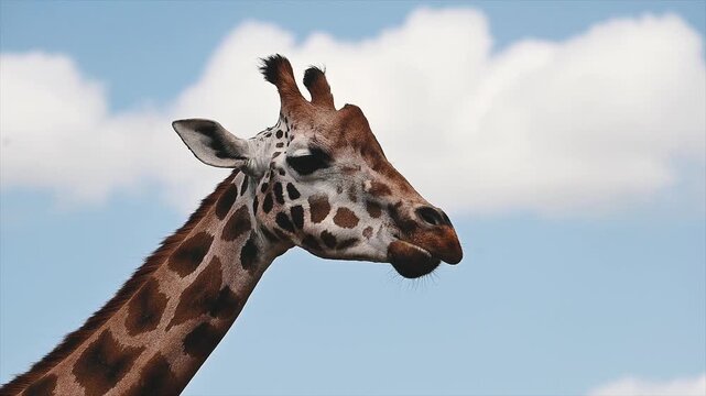 A giraffe (Giraffa camelopardalis) turns its head against a bright blue sky with soft white clouds at a safari park in the Netherlands, a clean portrait of the tallest land mammal.