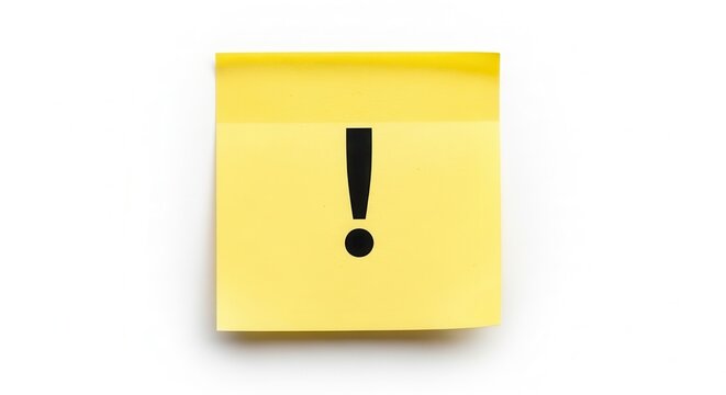 Yellow sticky note with a black exclamation mark symbol isolated on white background.