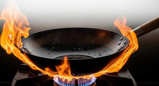 Wok pan on fire with gas burner flames cooking food.