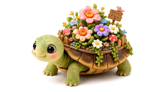 Cute turtle carrying colorful blooming flowers on shell isolated on white background whimsical botanical illustration