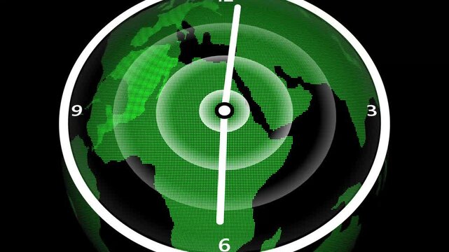 Digital clock face superimposed on a glowing green pixelated globe showing Africa and Europe with concentric rings indicating time zones or data transmission against a dark background