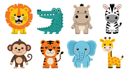 Obraz premium Colorful cartoon animals including lion crocodile hippo zebra monkey tiger elephant giraffe with crocodile elephant wildlife colorful illustration