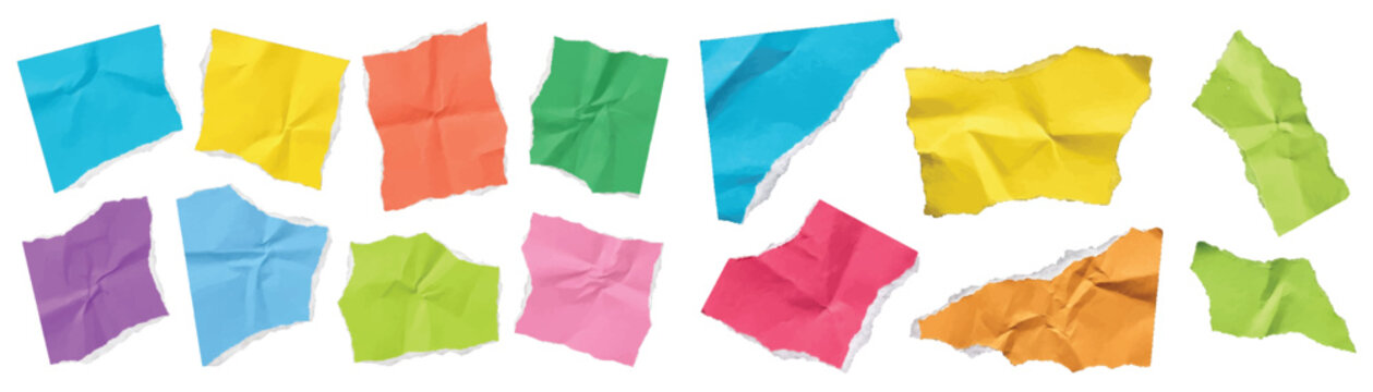 Set of colorful crumpled ripped paper scraps vector illustration isolated on white background, realistic crumpled sticky note sheets, torn paper pieces mockup set for memo, note, collage and scrapbook