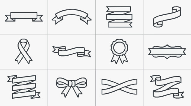 Modern Black and White Line Art Collection of Ribbons Bows and Badges for Design Projects and Branding