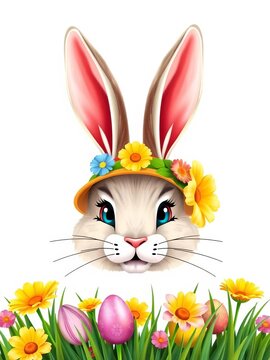 Easter bunny ears mask vector illustration with spring hat set isolated on white background, colorful graphics, Easter decorations