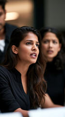 Obraz premium A woman speaks with focused expression during a diverse team meeting, colleagues listening thoughtfully behind her. An authentic portrait of workplace dialogue and constructive discussion.