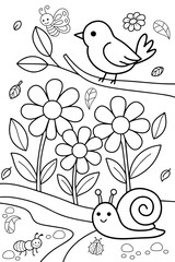 Cute bird on branch and snail with flowers coloring page for kids © Pani K.