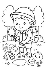 Cute boy explorer with magnifying glass coloring page for kids
