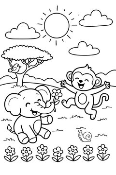 Cute elephant and happy monkey coloring page for kids