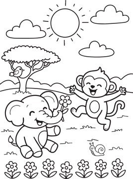 Cute elephant and happy monkey coloring page for kids