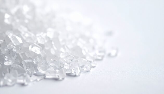 Close‑up of translucent crystalline granules on white surface, symbolizing purity, texture, simplicity, and natural form.