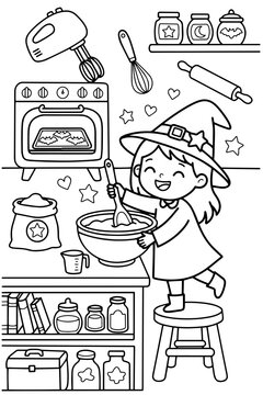 Cute little witch baking Halloween cookies in kitchen coloring page