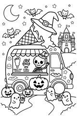 Naklejka premium Cute skeleton driving Halloween ice cream truck coloring page