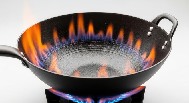 Wok pan with vibrant blue and orange flames cooking on a gas stove.