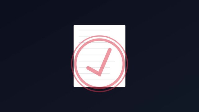 Document approval process animation with red checkmark on paper form for business task completion and success concept 4k