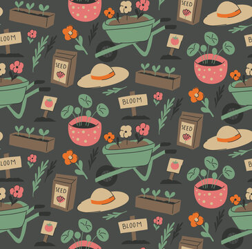 Vector seamless pattern with gardening elements in a naive style on dark background. Gardening and horticulture texture