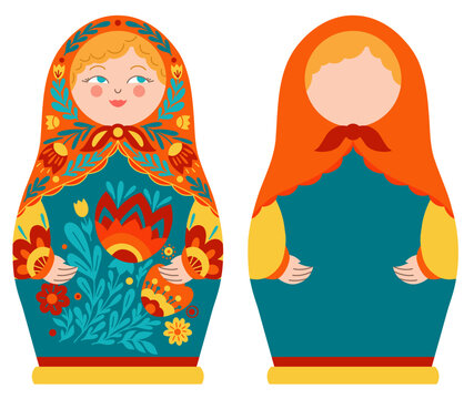 Vector set of matryoshka doll in folk art style and flat silhouette. Collection of decorative Slavic souvenirs. Clip art of nesting dolls