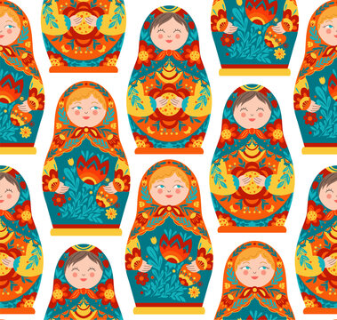 Vector seamless pattern with matryoshka doll in folk art style on white background. Texture with decorative Slavic souvenirs.