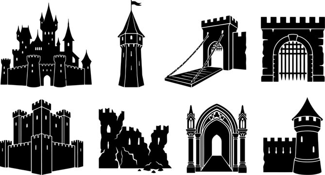 Castle silhouettes a black vector illustration set against a white background