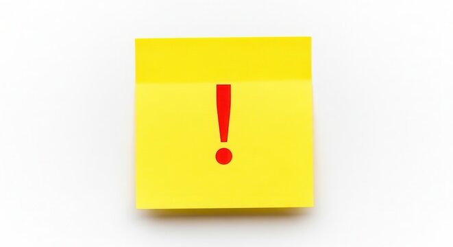 Yellow sticky note with a red exclamation mark on a white background.