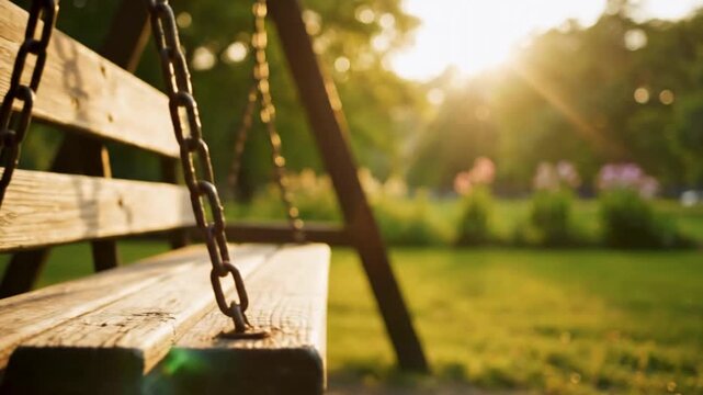 Empty Wooden Swing Bench in a Serene Park at Golden Hour.