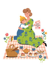 Fototapeta premium Happy Mother's Day Picnic Illustration with Mom Hugging Toddler—Ideal for Family Picnic and Greeting Card Design
