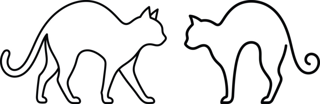 Minimalist black and white line art illustration featuring two arched back cats facing each other in a simple graphic style design