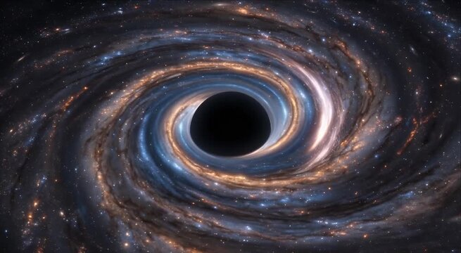 Black Hole Spiral Galaxy Space Vortex Cosmic Dust Star Field in Deep Space with Glowing Galactic Ring and Celestial Center Scene