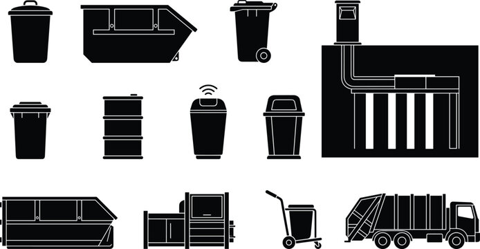 Waste Management and Recycling Equipment Silhouette Vector Icon Set for Sanitation Services