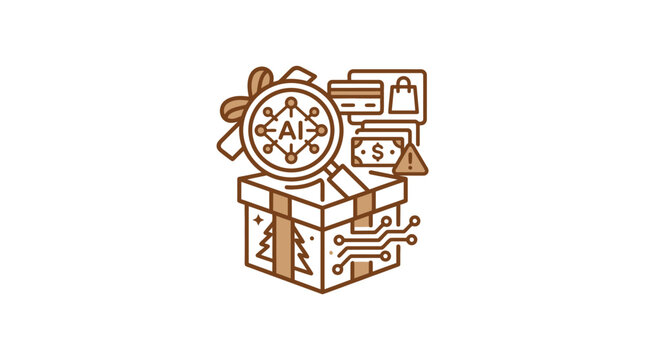 A digital gift box icon featuring advanced technology and finance symbols