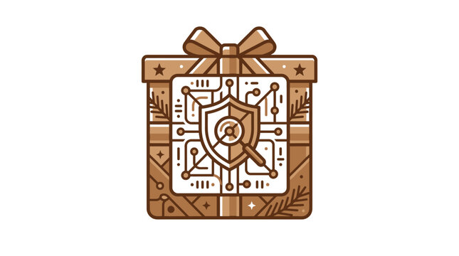 A digital gift box icon featuring a secure technology shield symbol
