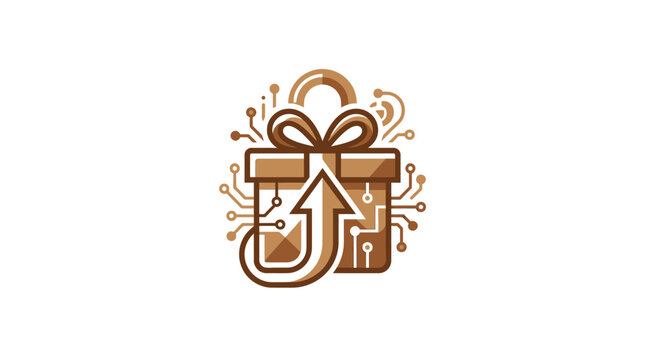 A digital gift box icon with circuit board patterns and arrow