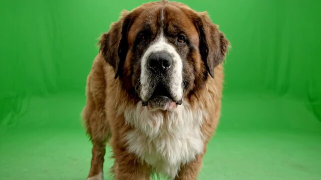 Majestic Saint Bernard dog walking slowly towards camera on green screen background with long brown fur moving gracefully