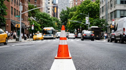 Obraz premium Orange Traffic Cone on Urban Street with City Traffic Background