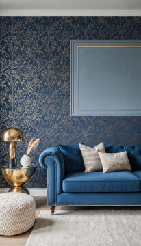 Luxury Living Room Ambiance: A plush blue velvet sofa and ornate golden accents create an atmosphere of opulence and comfort in a meticulously designed living space with striking patterned wallpaper.