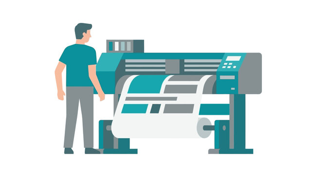 Operator stands by a large industrial printer while it produces high-quality graphic materials.