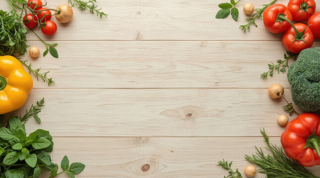 Fresh vegetables arranged light wooden tabletop with herbs creating inviting natural cooking