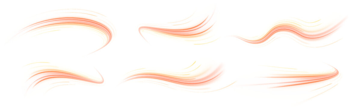 Brilliant orange  light ribbon set moves with graceful flow. Neon glow creates strong visual contrast. Creative vector image in PNG.