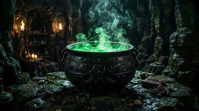Happy halloween new colorful concept featuring a glowing green magic potion bubbling inside a dark witch cauldron