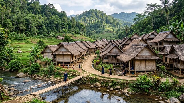 Indonesian village with rows of bamboo stilt houses and thatched roofs beside a clear river and wooden bridge.