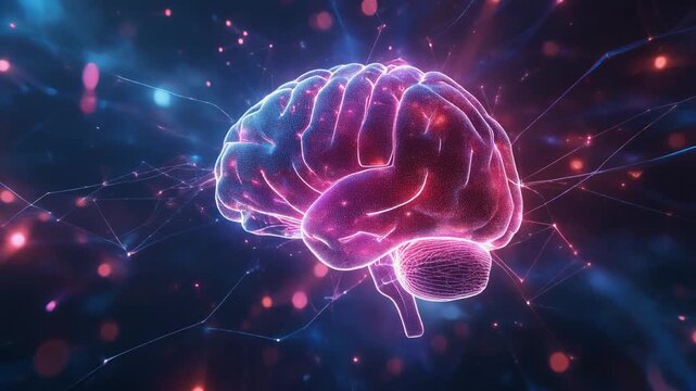 A glowing neon brain with interconnected nodes, symbolizing artificial intelligence, neural activity, and the fusion of technology with human cognition.