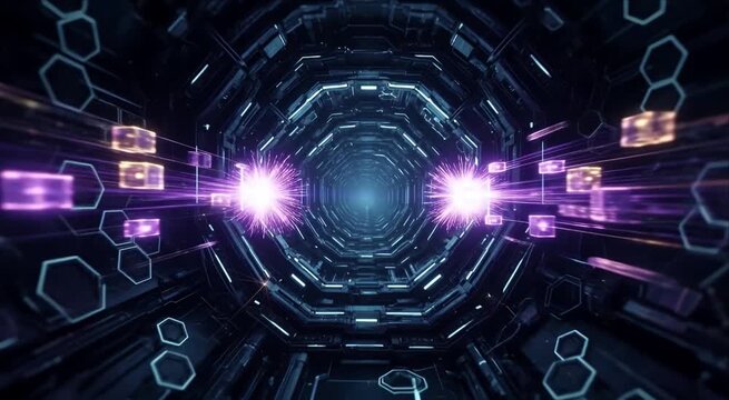 Abstract digital tunnel with glowing purple light, hexagon pattern, futuristic data motion blur, cyber technology background, digital cube neon light, motion blur, cyber network stream