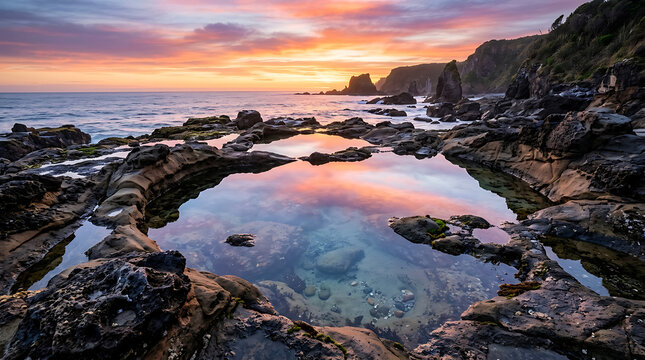 Stunning Coastal Sunrise Reflection Over Natural Rock Pool at Kiama Shoreline