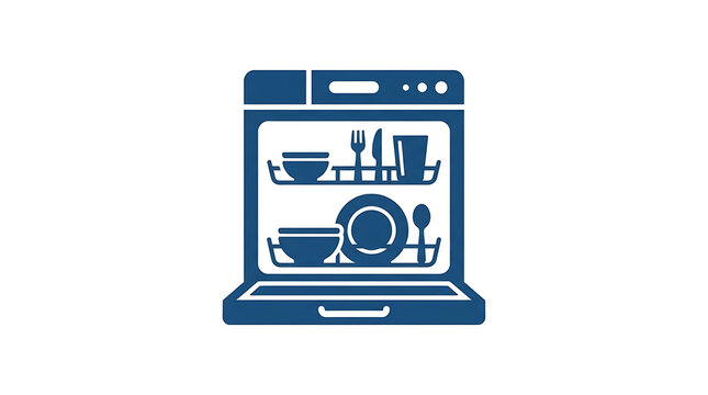 Minimalist blue dishwasher icon representing clean kitchen appliances and efficient domestic household cleaning service solutions
