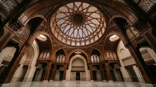 Low angle view of geometric Mashrabiya ceiling in grand hall in soft daylight