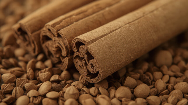 Warm cinnamon stick close up on scattered spice seeds, natural texture and warm tone