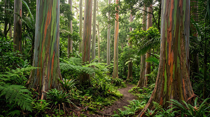 Obraz premium Lush rainbow eucalyptus forest featuring vibrant multi-colored bark and dense tropical vegetation