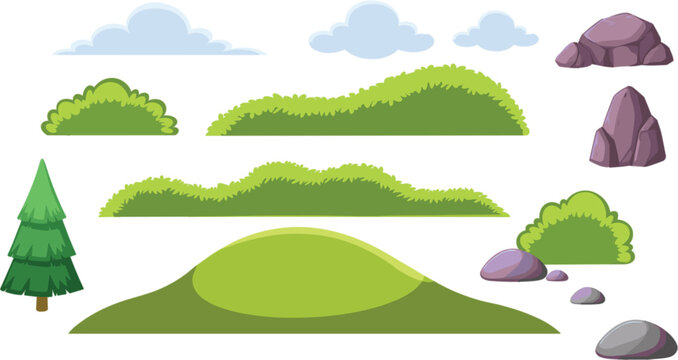 Nature landscape elements collection, cartoon bushes hills rocks trees clouds for game environment vector illustration design assets